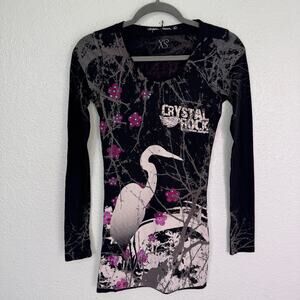Christian Audigier Crystal Rock Top Womens XS Crane Blossom Y2K Tunic Shirt Tee